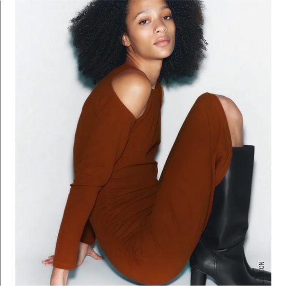 Zara Cut Out Midi Dress Brown Sz Small NWOT - Picture 2 of 2